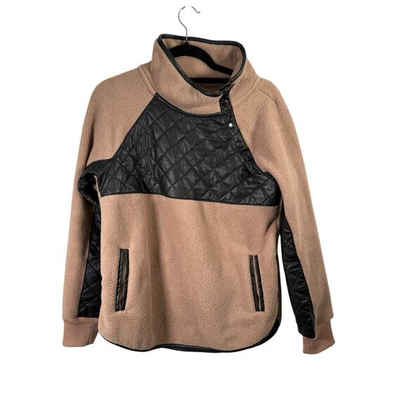 Abercrombie & Fitch Taupe Brown Sherpa Fleece Faux Leather Pullover Womens Small - Picture 1 of 7